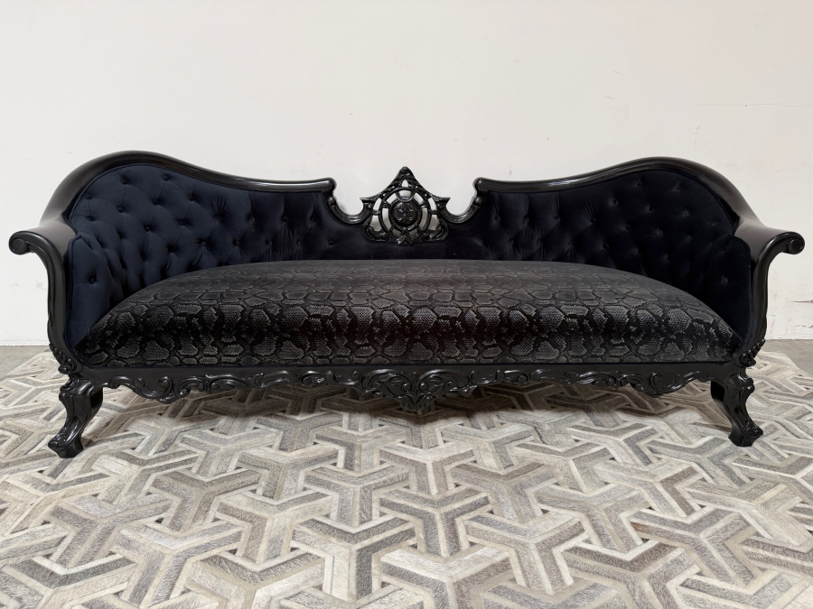 (2 of 2) Hand-Carved Baroque Black Velvet Sofa With Glossy Black Lacquered Frame, Deep Button Tufting, And Faux Python Patterned Cushion 81'W X 34'D X 33'H  [Photo 2]