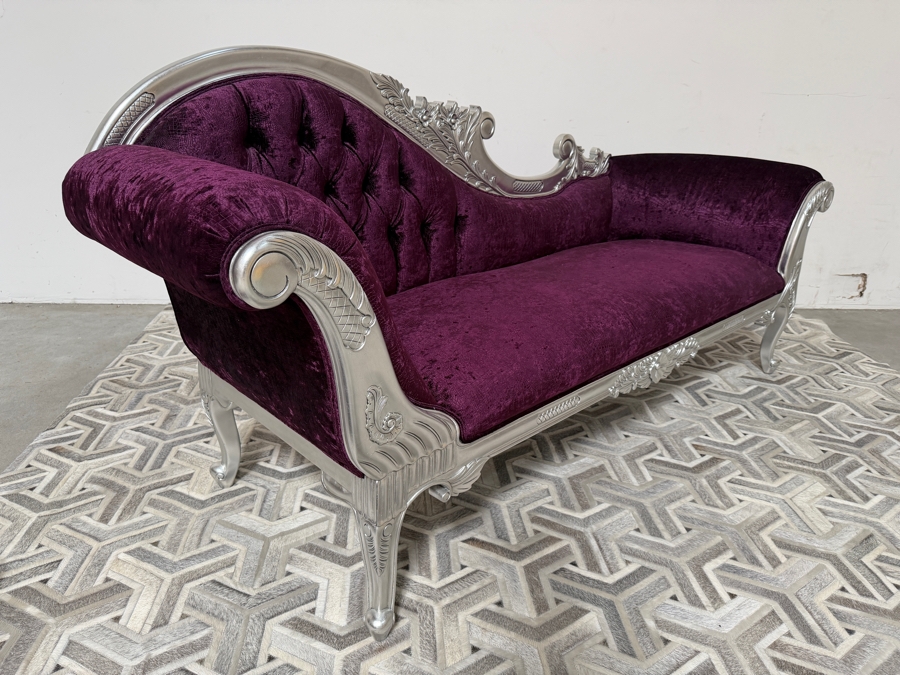 Carved Baroque Purple Velvet Chaise Lounge Daybed With Silver Finished Frame, Deep Button Tufting, And Two Bolster Pillows [Photo 7]