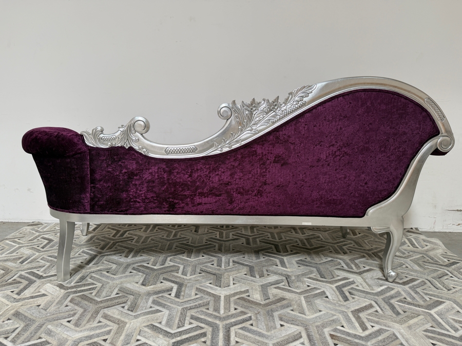 Carved Baroque Purple Velvet Chaise Lounge Daybed With Silver Finished Frame, Deep Button Tufting, And Two Bolster Pillows [Photo 8]