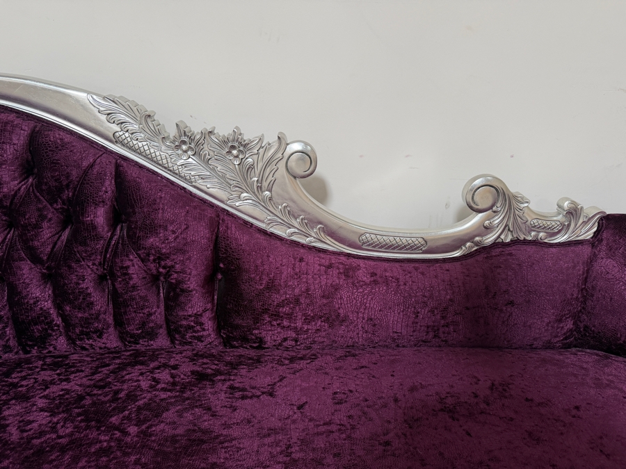 Carved Baroque Purple Velvet Chaise Lounge Daybed With Silver Finished Frame, Deep Button Tufting, And Two Bolster Pillows [Photo 4]