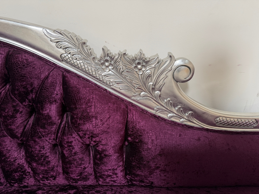 Carved Baroque Purple Velvet Chaise Lounge Daybed With Silver Finished Frame, Deep Button Tufting, And Two Bolster Pillows [Photo 5]
