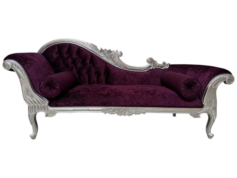 Carved Baroque Purple Velvet Chaise Lounge Daybed With Silver Finished Frame, Deep Button Tufting, And Two Bolster Pillows