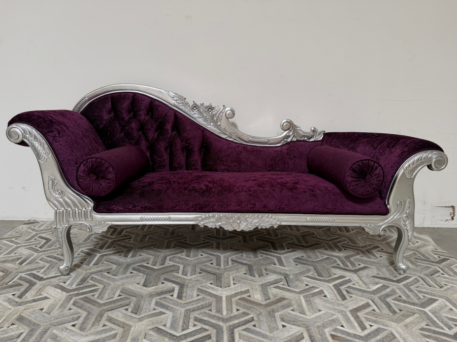 Carved Baroque Purple Velvet Chaise Lounge Daybed With Silver Finished Frame, Deep Button Tufting, And Two Bolster Pillows [Photo 2]