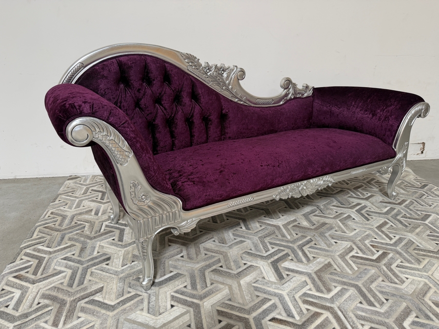 Carved Baroque Purple Velvet Chaise Lounge Daybed With Silver Finished Frame, Deep Button Tufting, And Two Bolster Pillows [Photo 6]