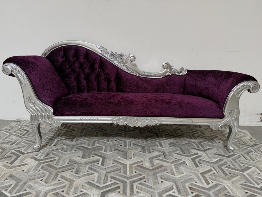 Carved Baroque Purple Velvet Chaise Lounge Daybed With Silver Finished Frame, Deep Button Tufting, And Two Bolster Pillows [Photo 3]