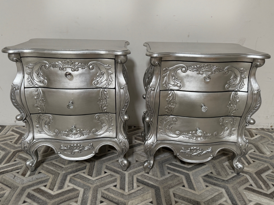Pair Of Silver Ornate French Rococo-style Wooden Bedside Chests Nightstands 24W X 18D X 28H [Photo 2]