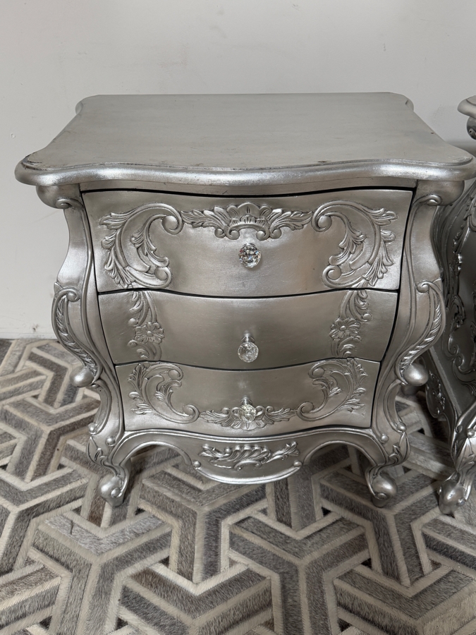Pair Of Silver Ornate French Rococo-style Wooden Bedside Chests Nightstands 24W X 18D X 28H [Photo 4]