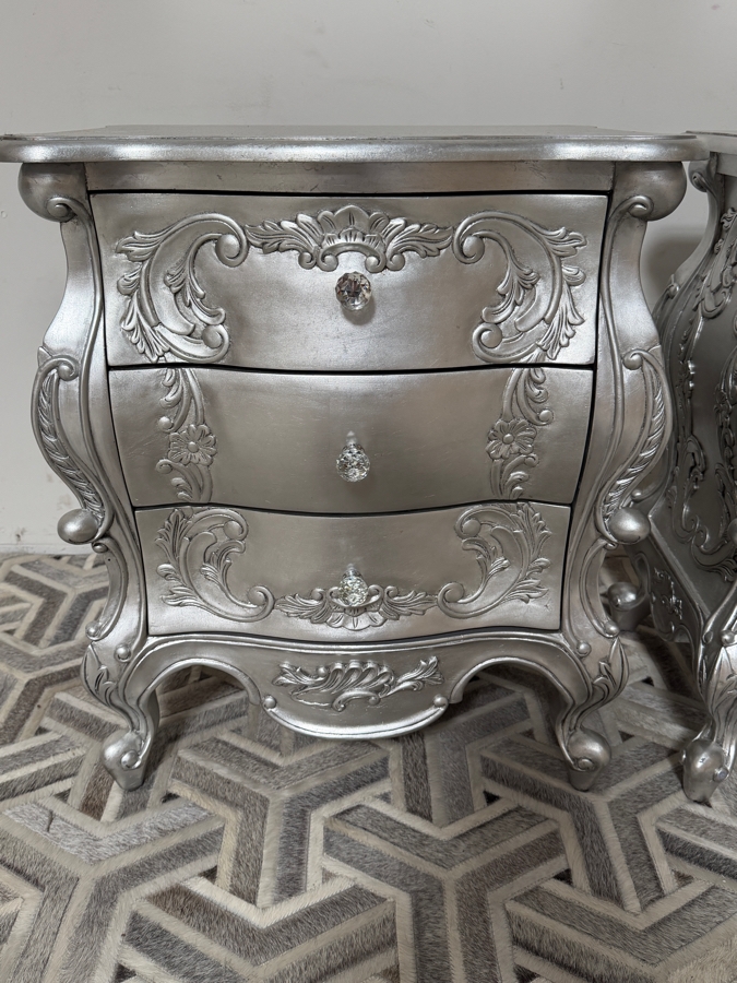 Pair Of Silver Ornate French Rococo-style Wooden Bedside Chests Nightstands 24W X 18D X 28H [Photo 3]