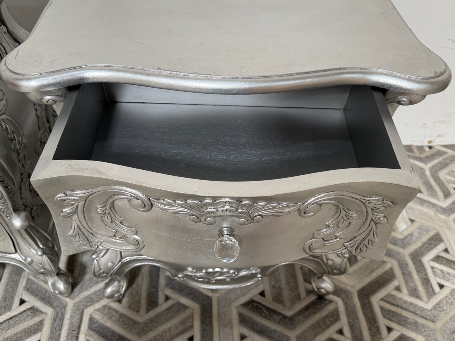 Pair Of Silver Ornate French Rococo-style Wooden Bedside Chests Nightstands 24W X 18D X 28H [Photo 5]