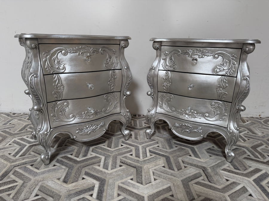 Pair Of Silver Ornate French Rococo-style Wooden Bedside Chests Nightstands 24W X 18D X 28H [Photo 7]