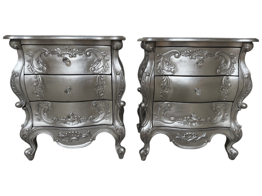 Pair Of Silver Ornate French Rococo-style Wooden Bedside Chests Nightstands 24W X 18D X 28H