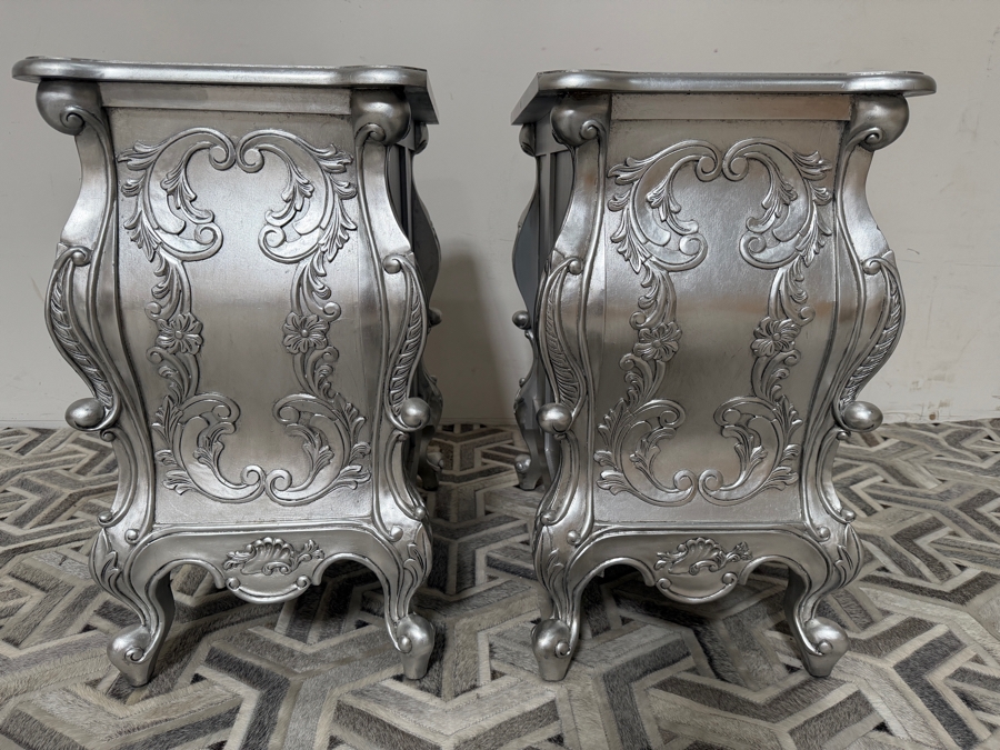 Pair Of Silver Ornate French Rococo-style Wooden Bedside Chests Nightstands 24W X 18D X 28H [Photo 8]