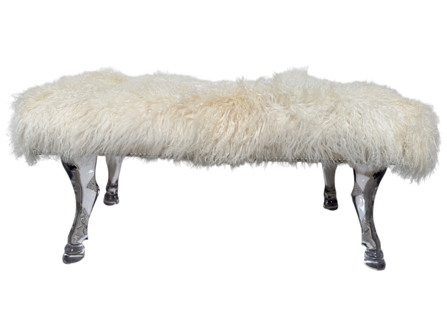 Massoud Furniture Luxury White Long-Hair Mongolian Sheepskin Accent Bench With Tapered Clear Acrylic Lucite Hoofed Legs and Silver Nailhead Trim 44'W X 22'D X 20'H
