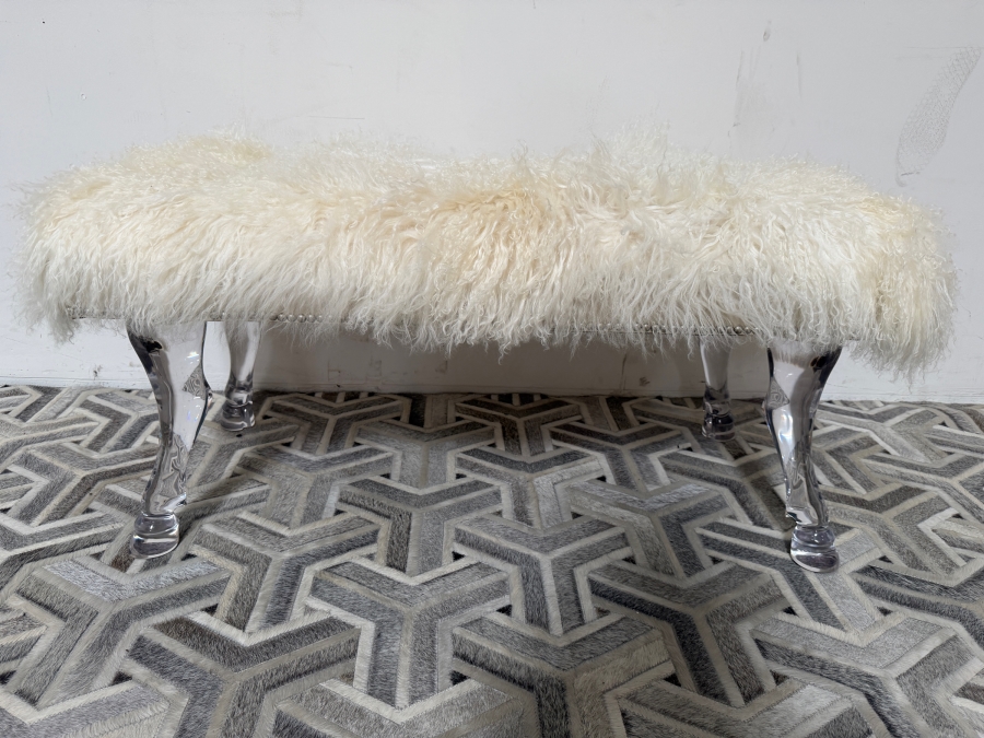 Massoud Furniture Luxury White Long-Hair Mongolian Sheepskin Accent Bench With Tapered Clear Acrylic Lucite Hoofed Legs and Silver Nailhead Trim 44'W X 22'D X 20'H [Photo 2]