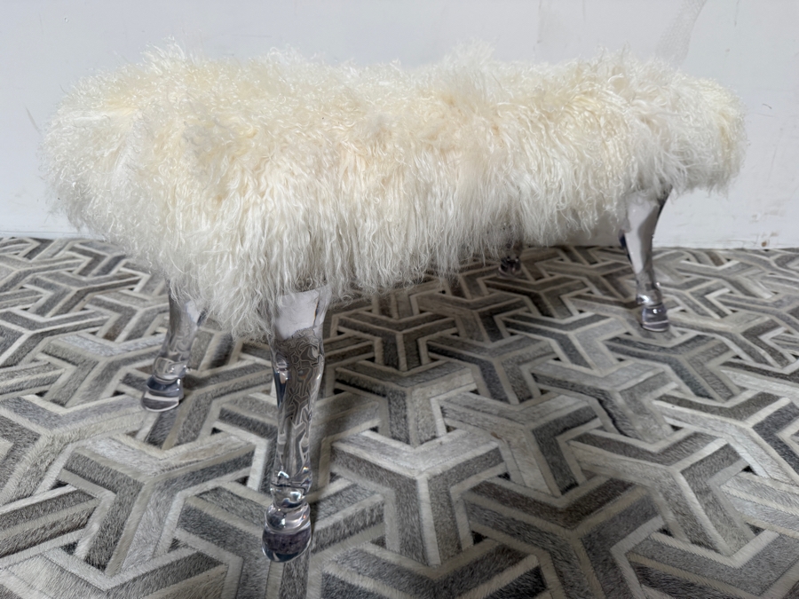 Massoud Furniture Luxury White Long-Hair Mongolian Sheepskin Accent Bench With Tapered Clear Acrylic Lucite Hoofed Legs and Silver Nailhead Trim 44'W X 22'D X 20'H [Photo 5]