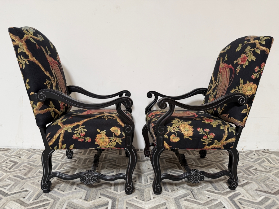 Pair of Highland House Furniture Custom Chinoiserie Exotic Pheasant Bird Tapestry Accent Armchairs With Ebonized Black Carved French Cabriole Frames 28'W X 33'D X 46'H [Photo 4]