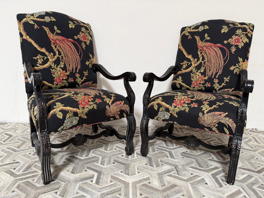 Pair of Highland House Furniture Custom Chinoiserie Exotic Pheasant Bird Tapestry Accent Armchairs With Ebonized Black Carved French Cabriole Frames 28'W X 33'D X 46'H [Photo 2]