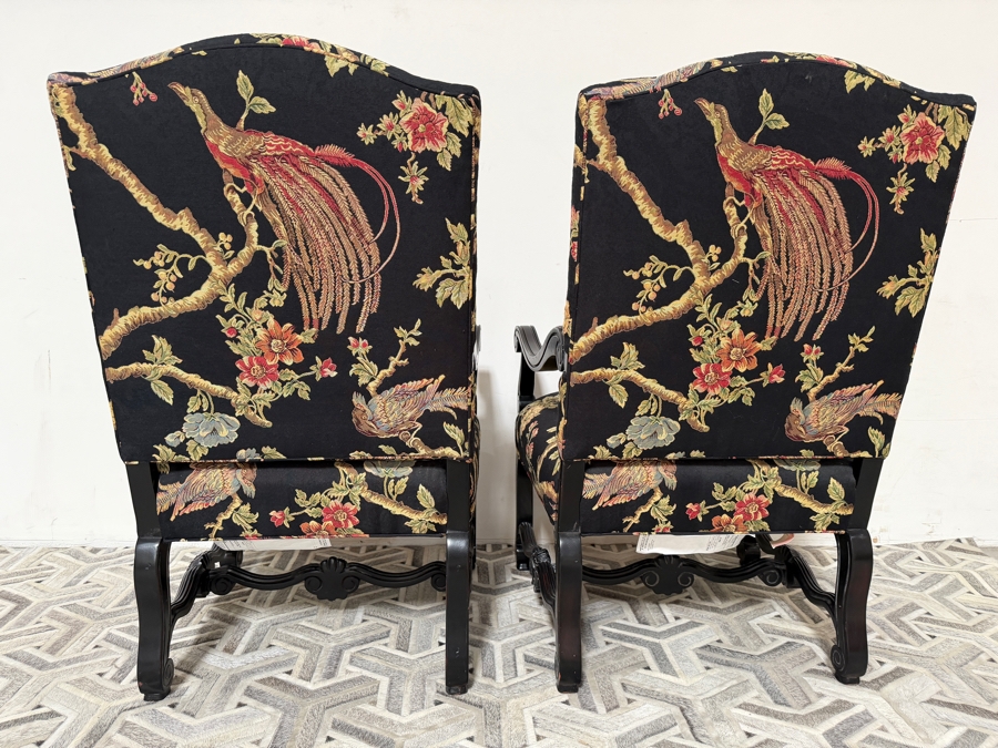 Pair of Highland House Furniture Custom Chinoiserie Exotic Pheasant Bird Tapestry Accent Armchairs With Ebonized Black Carved French Cabriole Frames 28'W X 33'D X 46'H [Photo 5]