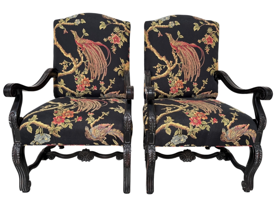 Pair of Highland House Furniture Custom Chinoiserie Exotic Pheasant Bird Tapestry Accent Armchairs With Ebonized Black Carved French Cabriole Frames 28'W X 33'D X 46'H