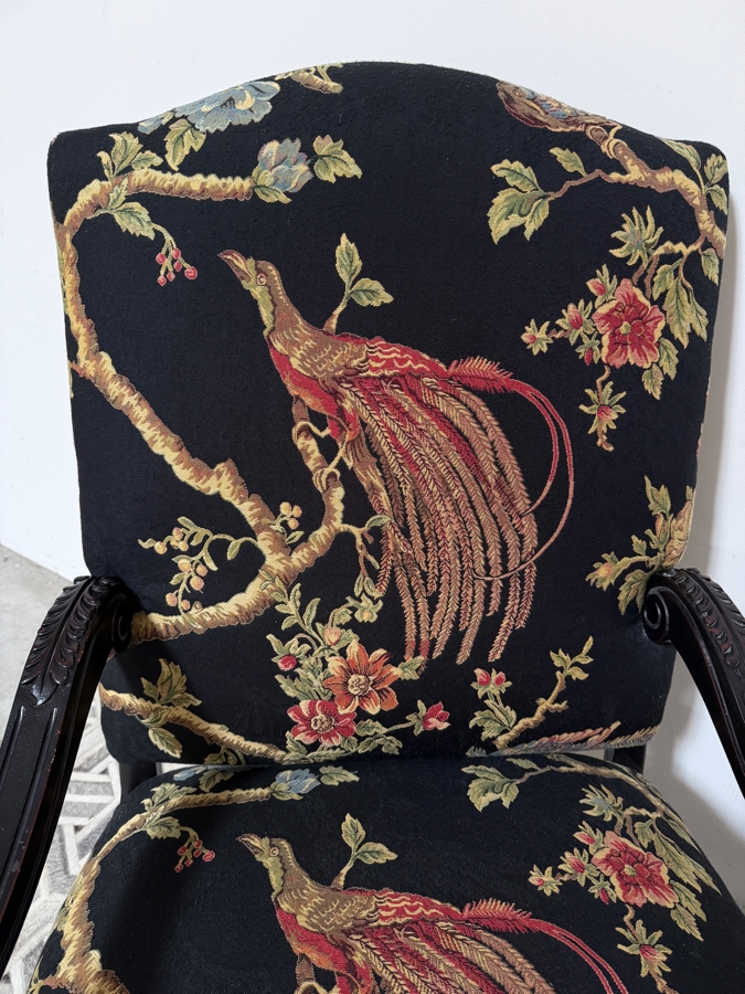 Pair of Highland House Furniture Custom Chinoiserie Exotic Pheasant Bird Tapestry Accent Armchairs With Ebonized Black Carved French Cabriole Frames 28'W X 33'D X 46'H [Photo 3]