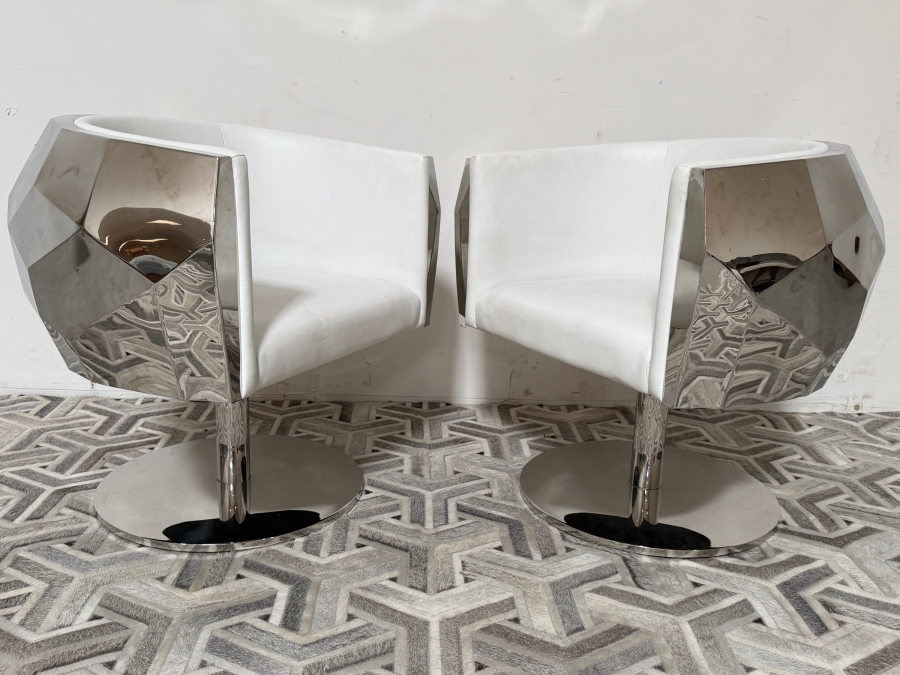 Pair of Fendi Casa Style 'Crystal' Faceted Polished Chrome and White Premium Leather Swivel Armchairs  [Photo 2]