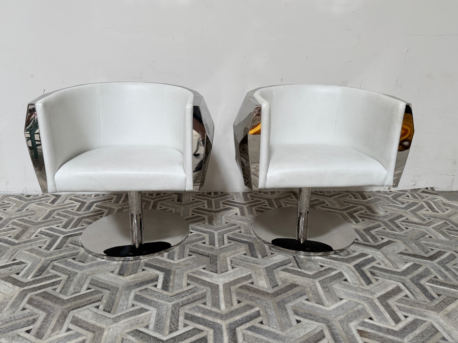 Pair of Fendi Casa Style 'Crystal' Faceted Polished Chrome and White Premium Leather Swivel Armchairs  [Photo 3]