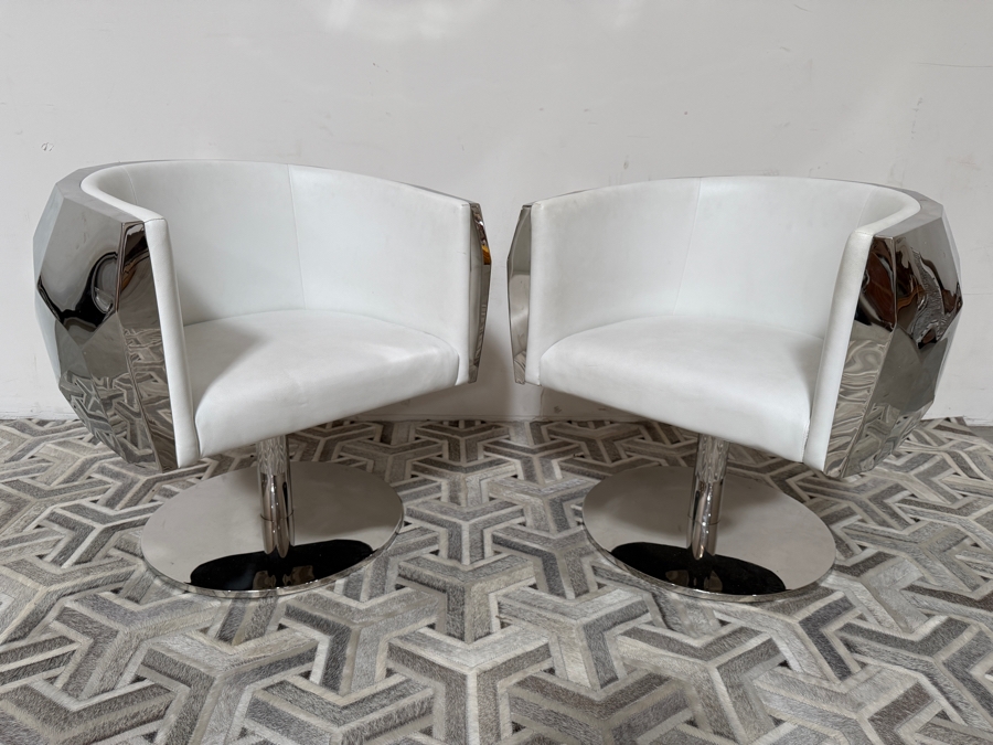 Pair of Fendi Casa Style 'Crystal' Faceted Polished Chrome and White Premium Leather Swivel Armchairs  [Photo 7]
