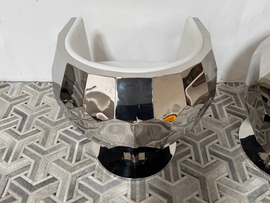 Pair of Fendi Casa Style 'Crystal' Faceted Polished Chrome and White Premium Leather Swivel Armchairs  [Photo 10]