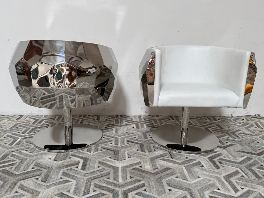Pair of Fendi Casa Style 'Crystal' Faceted Polished Chrome and White Premium Leather Swivel Armchairs  [Photo 8]