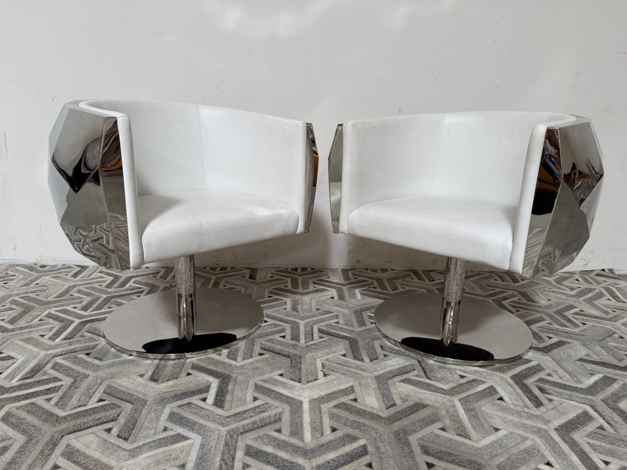 Pair of Fendi Casa Style 'Crystal' Faceted Polished Chrome and White Premium Leather Swivel Armchairs  [Photo 6]