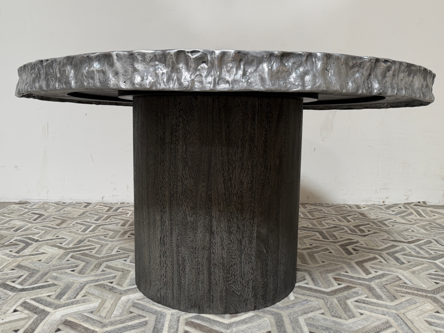 Bernhardt Interiors 'Cahill' Reclaimed Aluminum Round Pedestal Dining Table With An Irregular Live-Edge Profile And Cylindrical Suar Wood Base Retails $12,000 [Photo 6]