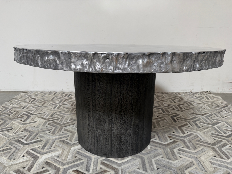 Bernhardt Interiors 'Cahill' Reclaimed Aluminum Round Pedestal Dining Table With An Irregular Live-Edge Profile And Cylindrical Suar Wood Base Retails $12,000 [Photo 3]
