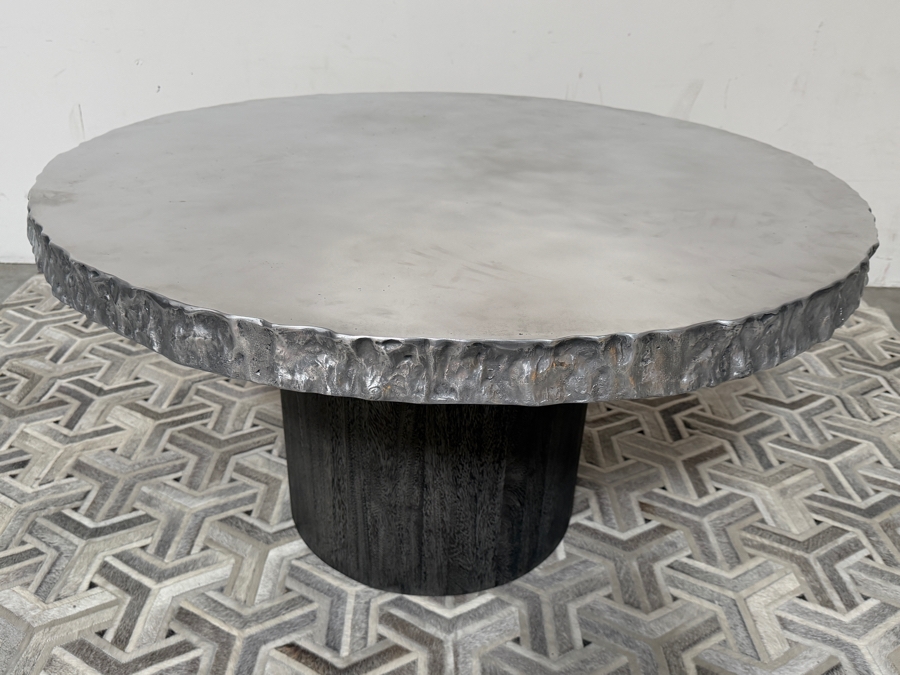 Bernhardt Interiors 'Cahill' Reclaimed Aluminum Round Pedestal Dining Table With An Irregular Live-Edge Profile And Cylindrical Suar Wood Base Retails $12,000 [Photo 5]