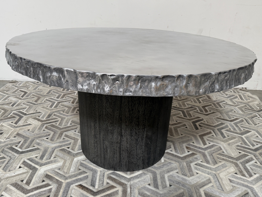 Bernhardt Interiors 'Cahill' Reclaimed Aluminum Round Pedestal Dining Table With An Irregular Live-Edge Profile And Cylindrical Suar Wood Base Retails $12,000 [Photo 4]