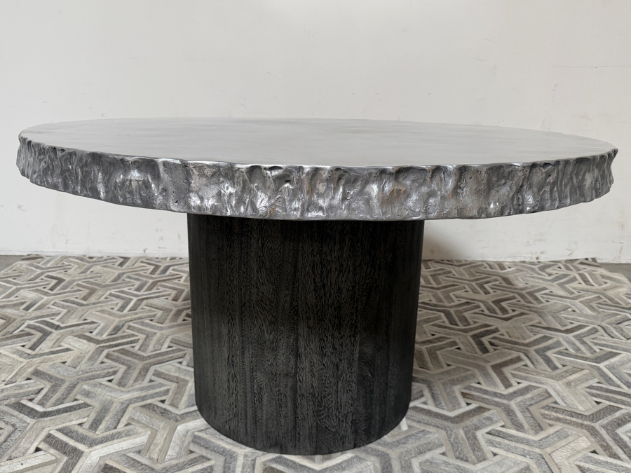 Bernhardt Interiors 'Cahill' Reclaimed Aluminum Round Pedestal Dining Table With An Irregular Live-Edge Profile And Cylindrical Suar Wood Base Retails $12,000 [Photo 7]