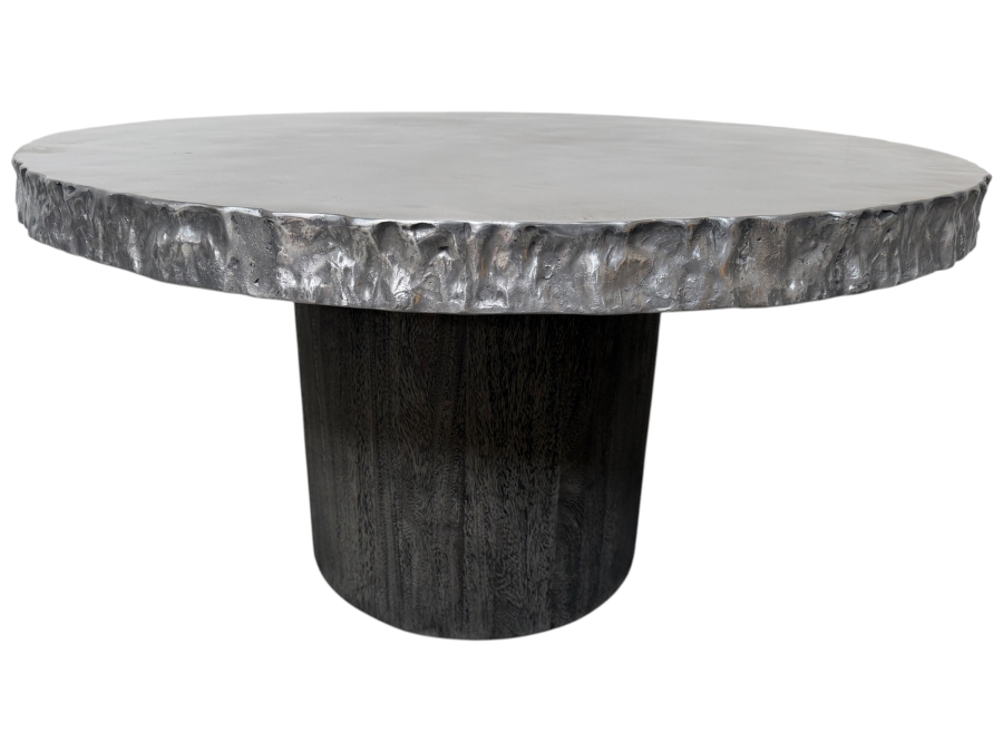 Bernhardt Interiors 'Cahill' Reclaimed Aluminum Round Pedestal Dining Table With An Irregular Live-Edge Profile And Cylindrical Suar Wood Base Retails $12,000