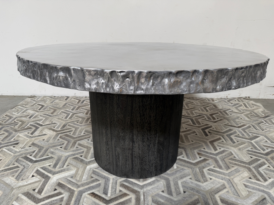 Bernhardt Interiors 'Cahill' Reclaimed Aluminum Round Pedestal Dining Table With An Irregular Live-Edge Profile And Cylindrical Suar Wood Base Retails $12,000 [Photo 2]