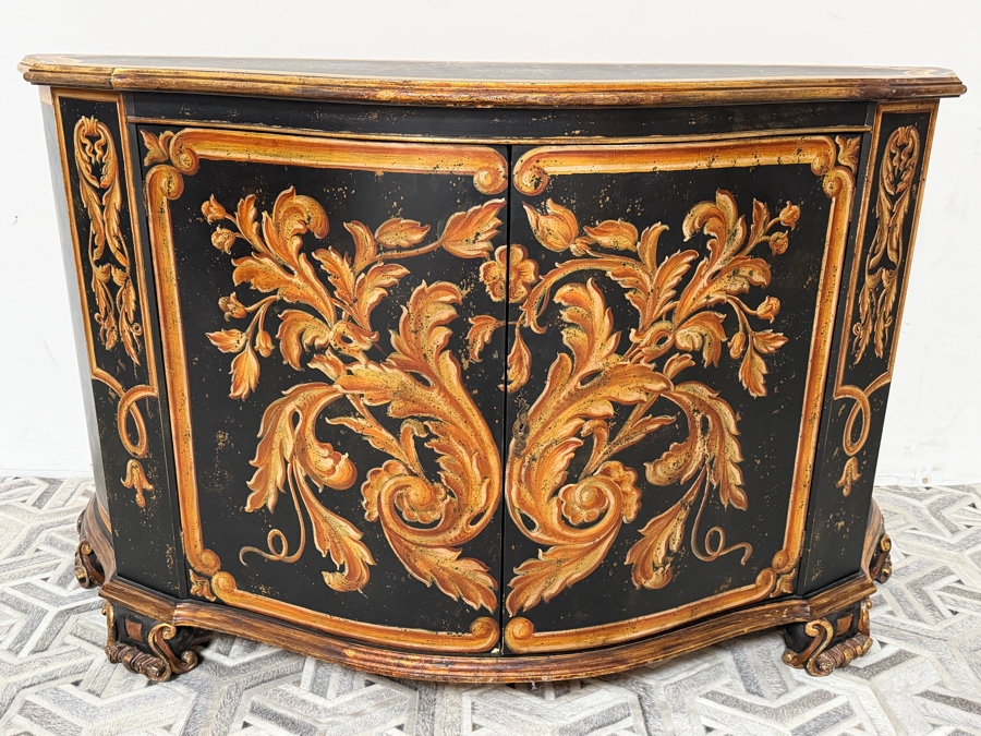 Luxury Hand-Painted 2-Door Serpentine Credenza Sideboard (Model DM-CC-1499) with Distressed Ebonized Finish and Ornate Gilt Scroll Work 66'W X 24'D X 41'H Retails $4,998 [Photo 3]