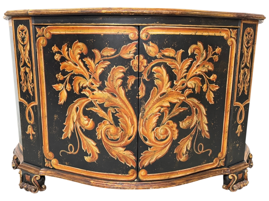 Luxury Hand-Painted 2-Door Serpentine Credenza Sideboard (Model DM-CC-1499) with Distressed Ebonized Finish and Ornate Gilt Scroll Work 66'W X 24'D X 41'H Retails $4,998