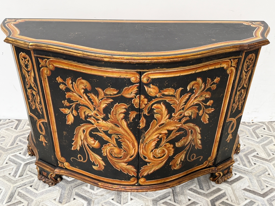 Luxury Hand-Painted 2-Door Serpentine Credenza Sideboard (Model DM-CC-1499) with Distressed Ebonized Finish and Ornate Gilt Scroll Work 66'W X 24'D X 41'H Retails $4,998 [Photo 4]