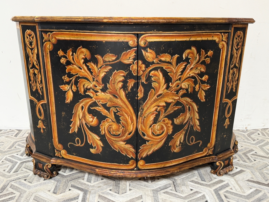 Luxury Hand-Painted 2-Door Serpentine Credenza Sideboard (Model DM-CC-1499) with Distressed Ebonized Finish and Ornate Gilt Scroll Work 66'W X 24'D X 41'H Retails $4,998 [Photo 2]