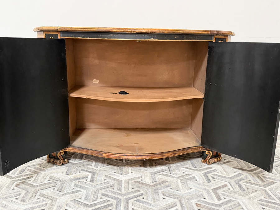 Luxury Hand-Painted 2-Door Serpentine Credenza Sideboard (Model DM-CC-1499) with Distressed Ebonized Finish and Ornate Gilt Scroll Work 66'W X 24'D X 41'H Retails $4,998 [Photo 5]