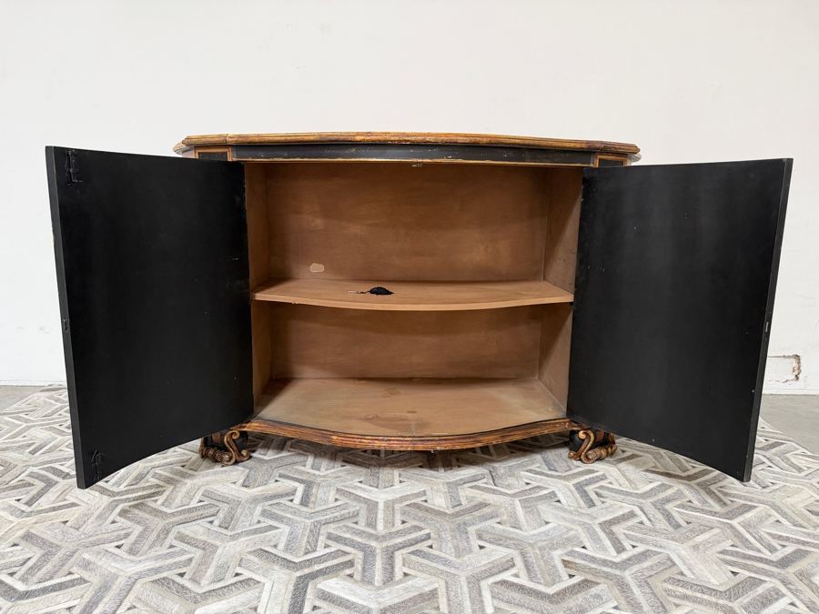 Luxury Hand-Painted 2-Door Serpentine Credenza Sideboard (Model DM-CC-1499) with Distressed Ebonized Finish and Ornate Gilt Scroll Work 66'W X 24'D X 41'H Retails $4,998 [Photo 6]