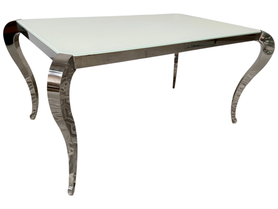 Chintaly Imports 'Teresa' Contemporary Super White Starphire Tempered Glass Rectangular Dining Table With A Polished Stainless Steel Frame And Curvaceous Cabriole Legs 62'W X 40'D X 30'H Retails $1,200