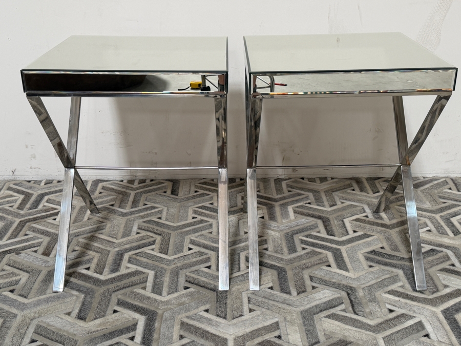 Modern Glam Mirrored End Tables With Polished Chrome X-Base Frames 20'W X 20'D X 26'H [Photo 3]