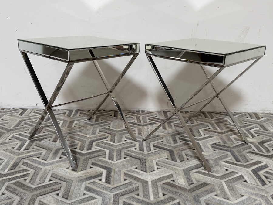 Modern Glam Mirrored End Tables With Polished Chrome X-Base Frames 20'W X 20'D X 26'H [Photo 5]
