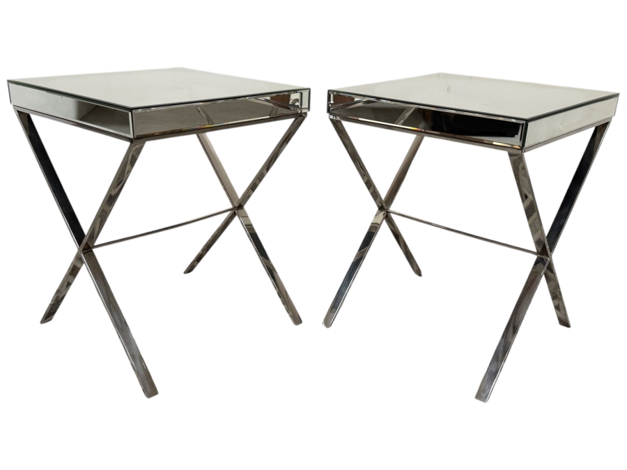 Modern Glam Mirrored End Tables With Polished Chrome X-Base Frames 20'W X 20'D X 26'H