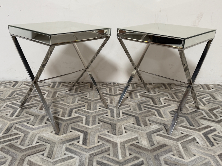 Modern Glam Mirrored End Tables With Polished Chrome X-Base Frames 20'W X 20'D X 26'H [Photo 2]