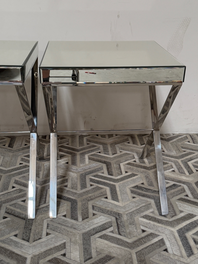 Modern Glam Mirrored End Tables With Polished Chrome X-Base Frames 20'W X 20'D X 26'H [Photo 4]