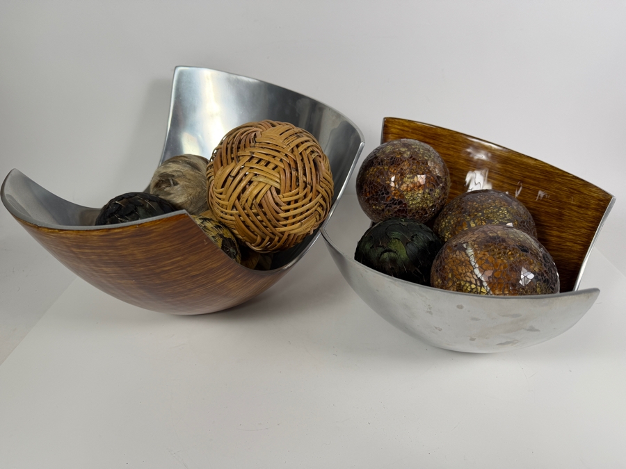 Pair Of John-Richard Bowls Filled With Decorative Balls - Larger Bowl is 14W X 9.5H [Photo 3]